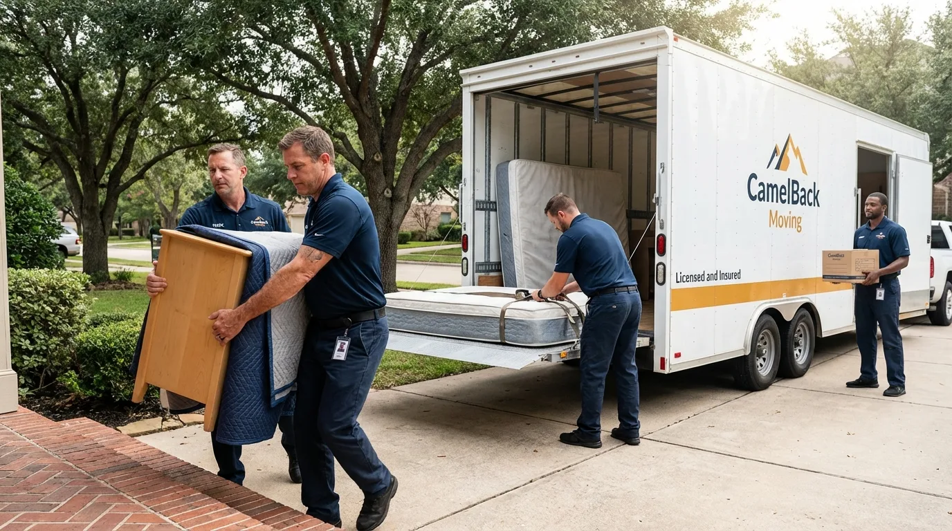 Crew loading residential truck for cross-state move from Medina, NY