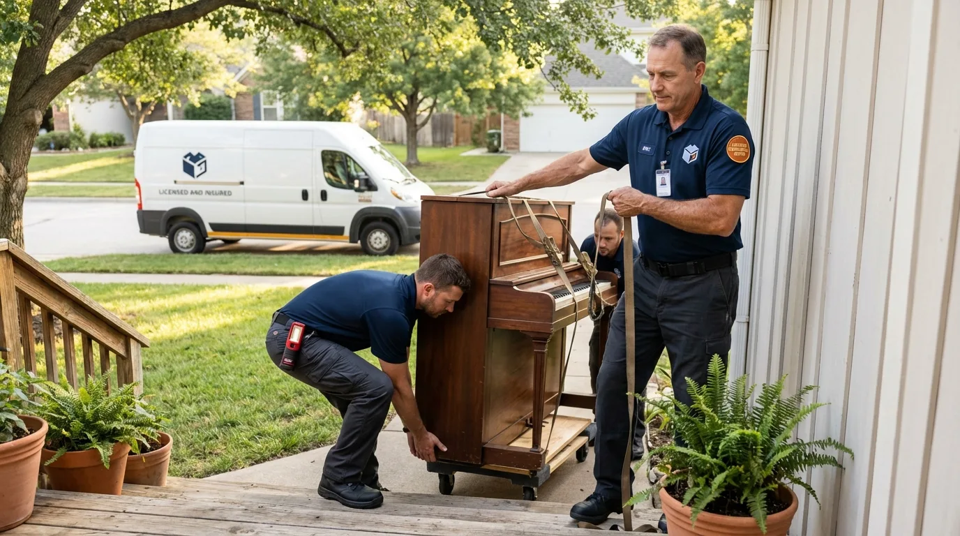 Licensed piano movers securing grand piano in Medina, NY