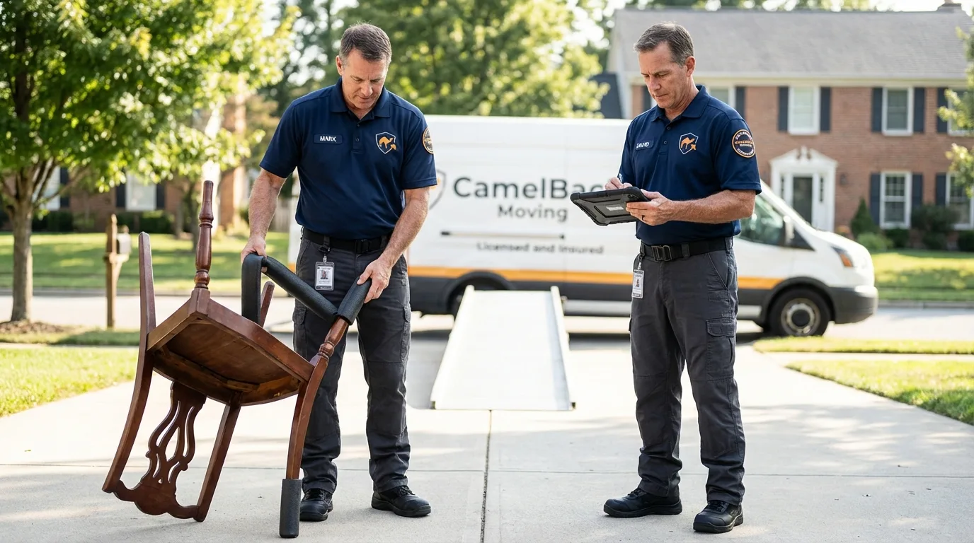 Movers inspecting furniture for damage prevention before loading in Medina, NY
