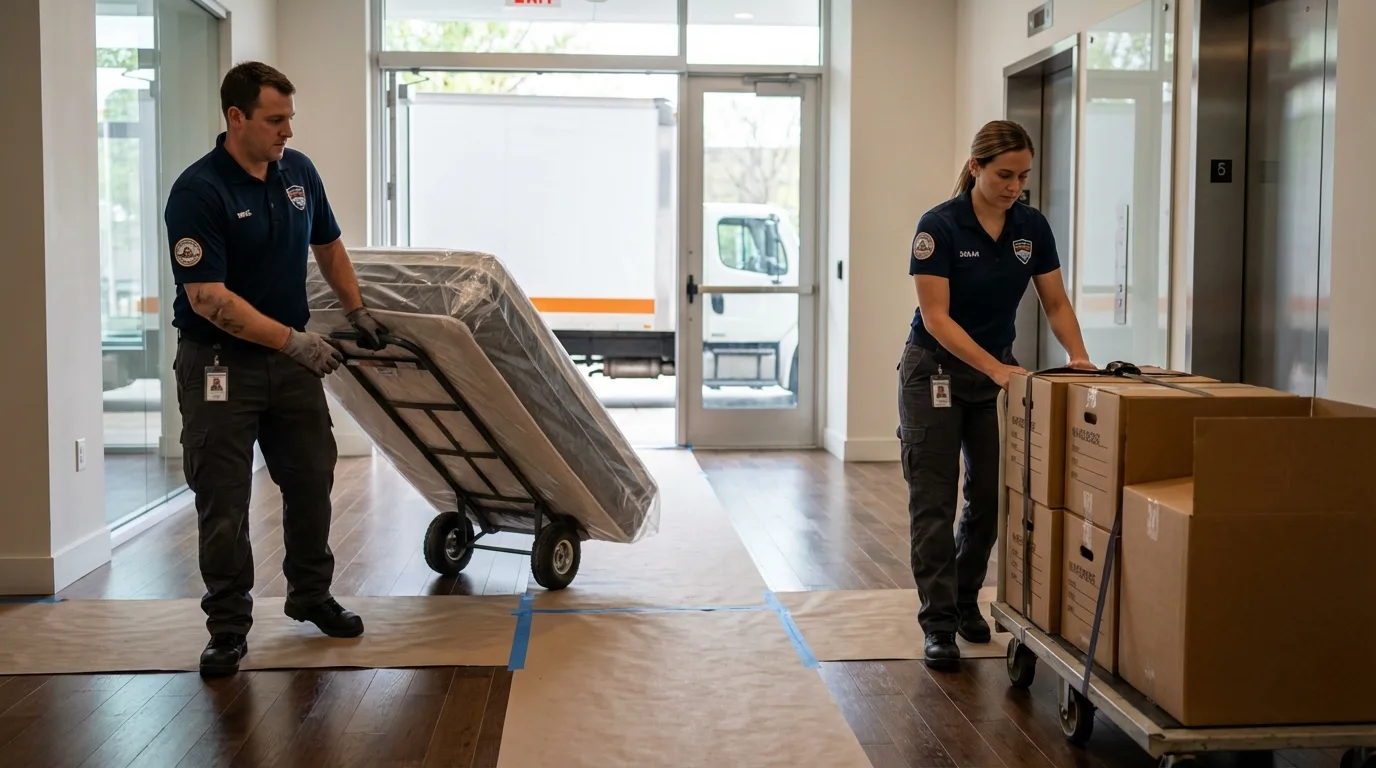 Professional apartment movers loading elevator in Medina, NY