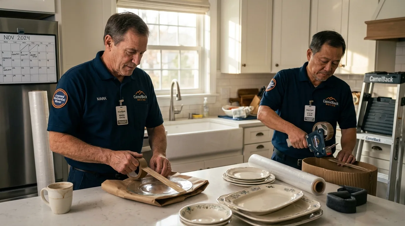 Professional crew packing kitchen dishware in Medina, NY